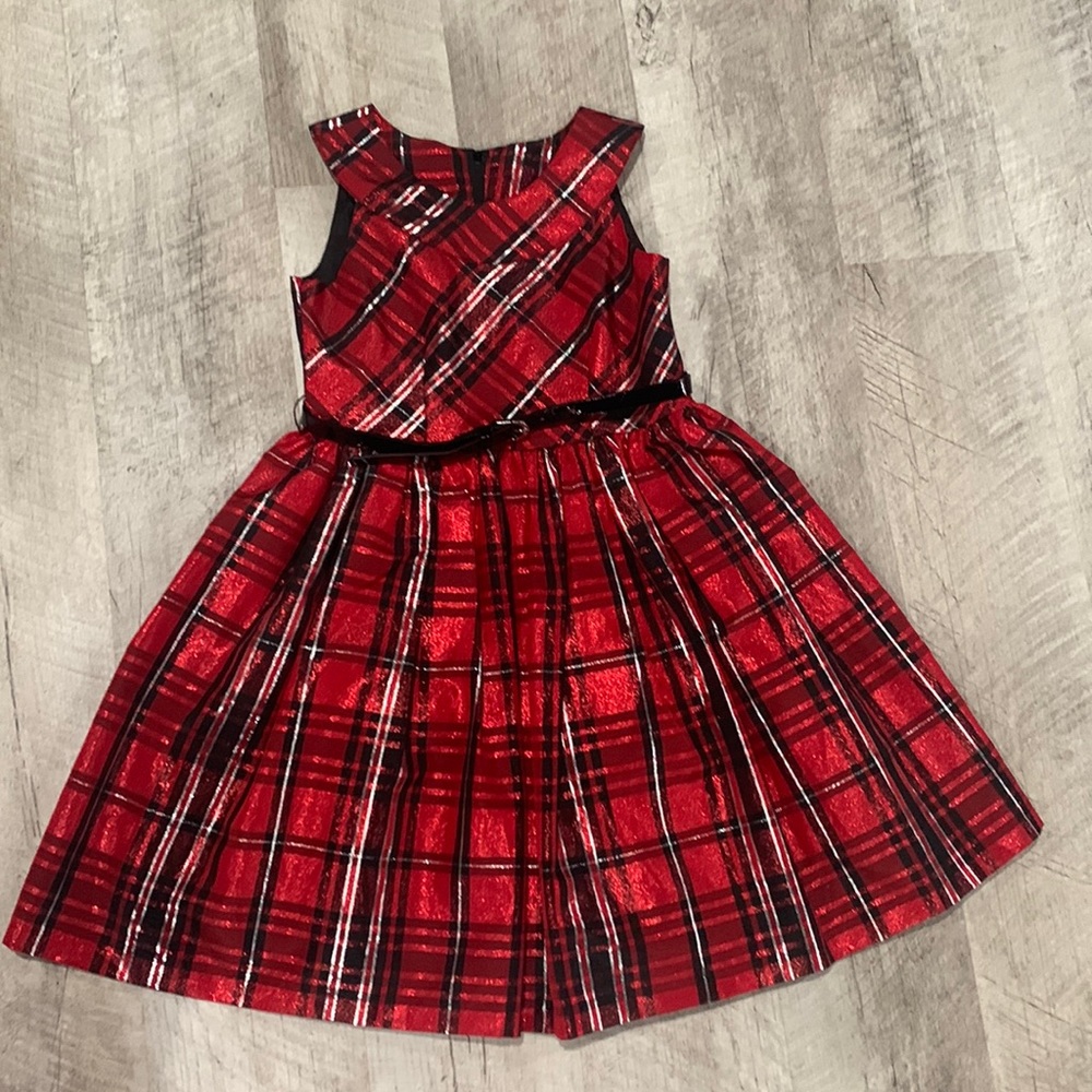 Red metallic youth plaid holiday dress